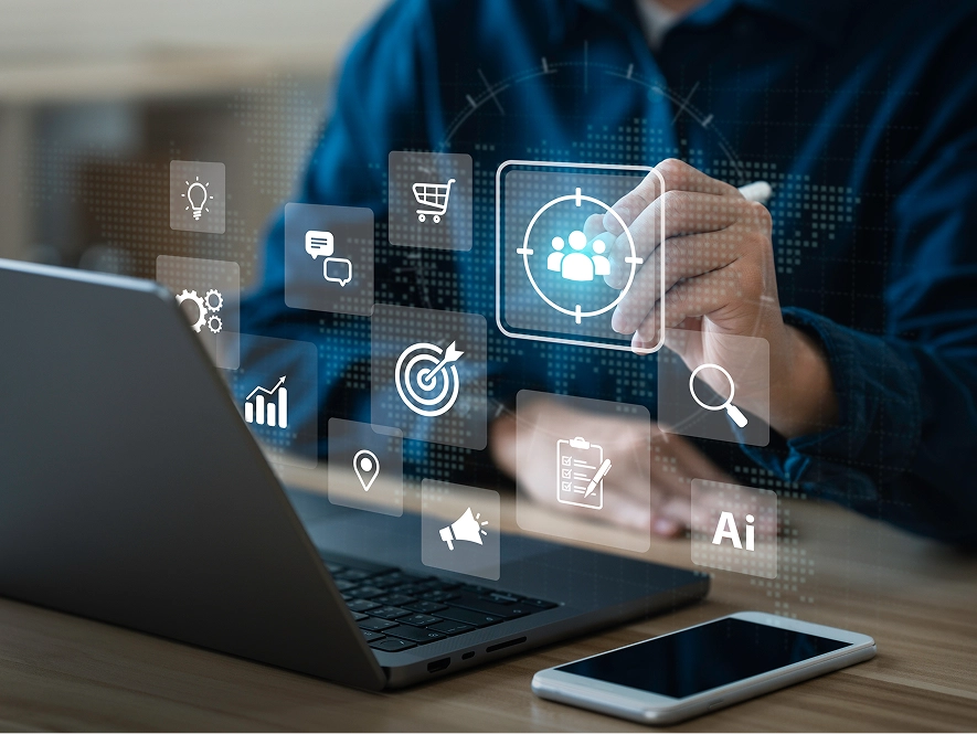 White label advanced ads targeting and audience segmentation — 3D interface with user, search, targeting, AI, and marketing icons