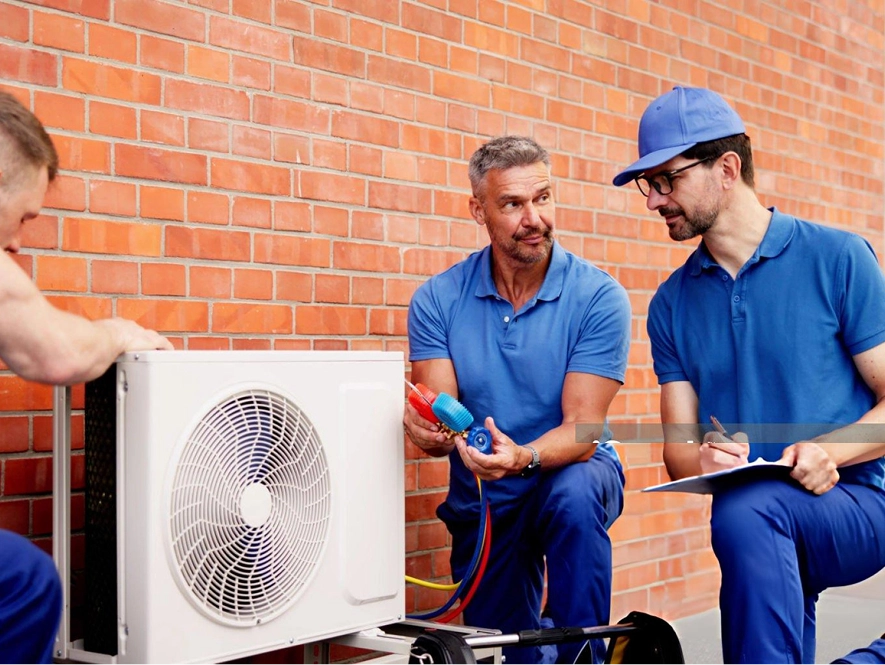 White label AI-optimized Google Business Profile for HVAC and plumbing — engineers fixing AC and inspecting systems with tools representing local service visibility