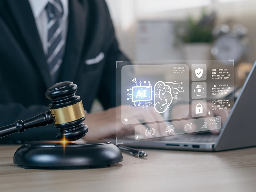 White label AI-optimized Google Business Profile for law firms — laptop on table with 3D AI interface overlay and judge gavel representing legal authority and visibility