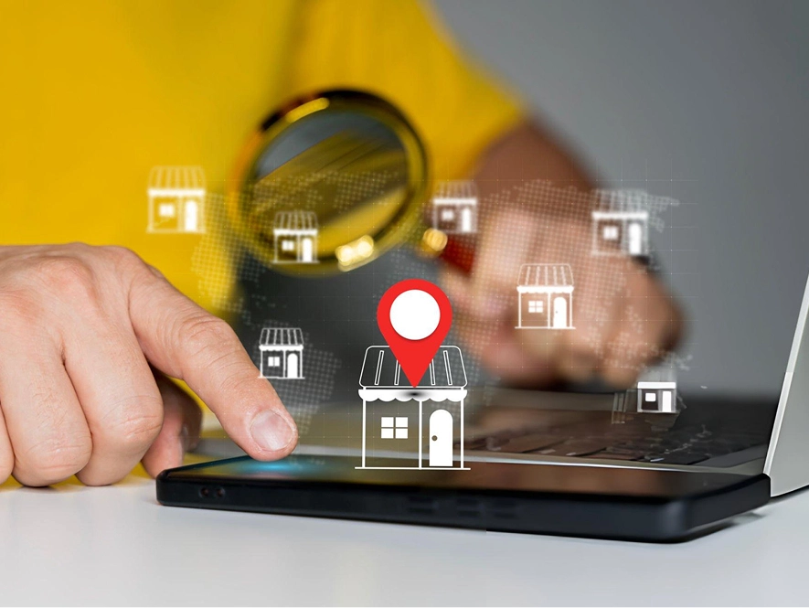 White label AI-optimized Google Business Profile — search tools, map, and local store icons overlay representing enhanced local visibility and listings