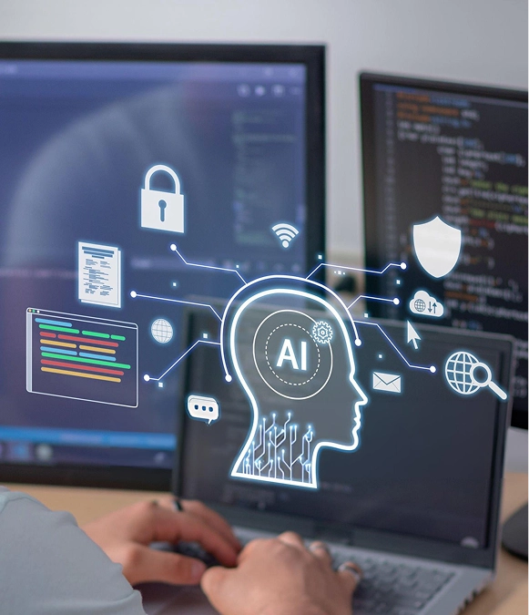 White label AI overviews optimization — AI brain with connected symbols representing search, security, and content intelligence