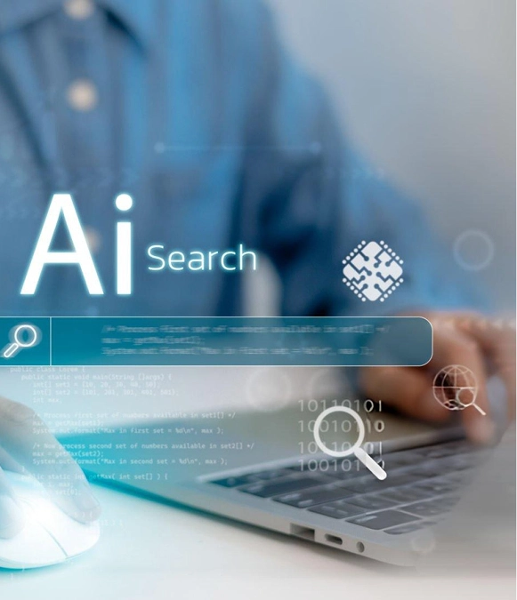 White label AI search audit and technical SEO — AI search interface with icons and analytics overlays for website optimization