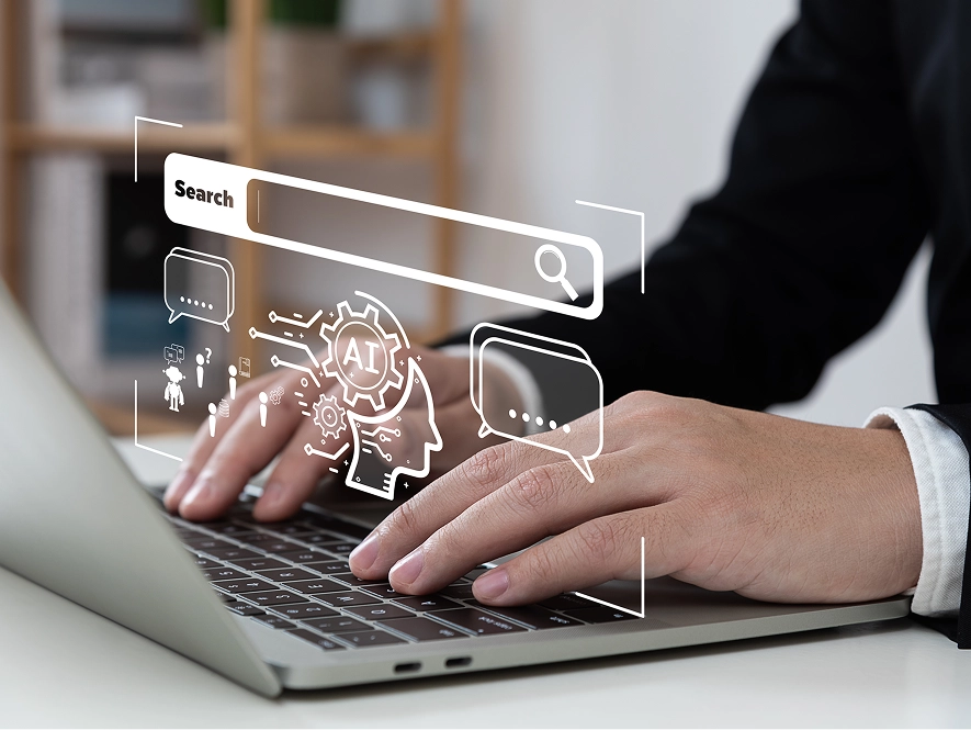 White label AI search optimization services — laptop displaying AI search interface with layered screens representing GEO and AEO strategies for increased visibility and citations