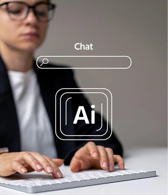 White label AI search optimization — person typing with transparent AI search interface overlay showing smart results