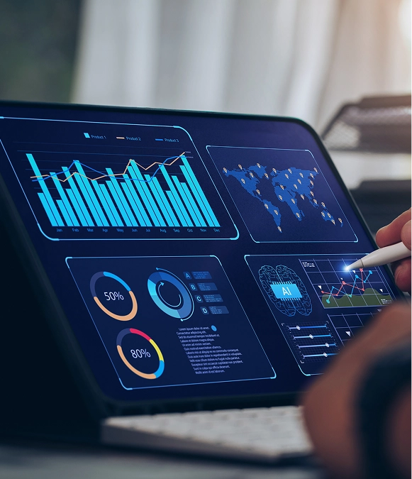 White label all-in-one platform — working on iPad with touch pen displaying graphs and performance metrics