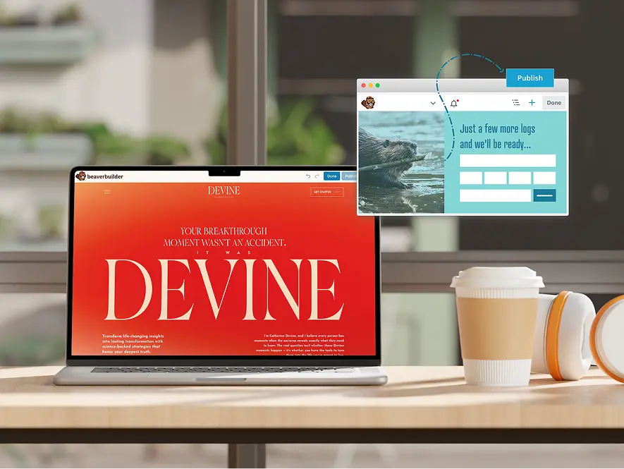 White label Beaver Builder custom development functionality — laptop displaying advanced website layout with overlapping sections and custom features in development