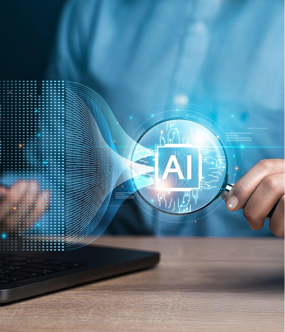 White label Bing AI search audit and optimization — AI system connecting with data streams on transparent interface for search performance