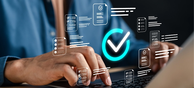 White label content writing services — person typing on keyboard with transparent 3D interface overlay showing content structure, SEO elements, and workflow icons
