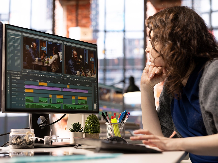 White label custom video editing, audio and delivery — editor working on PC with video cut timeline and editing tools visible
