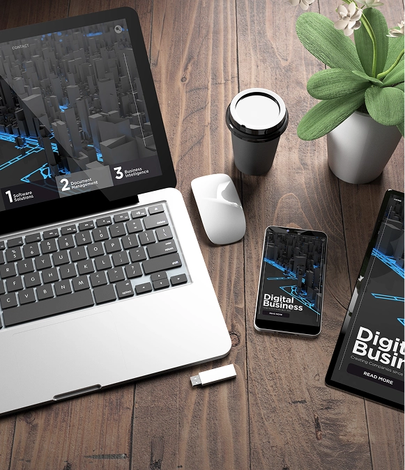 White label Duda mobile responsive design — multiple devices on table displaying website across laptop, tablet, and mobile screens