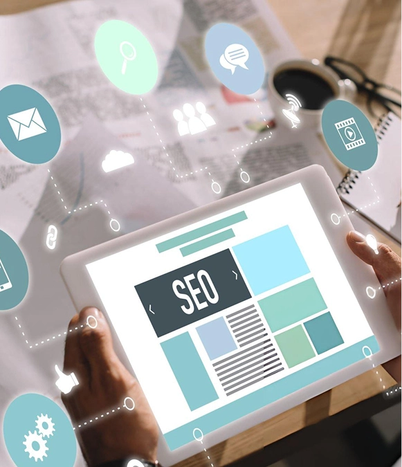 White label ecommerce SEO audit — SEO title and icons overlay on transparent screen with iPad in hand background representing performance analysis