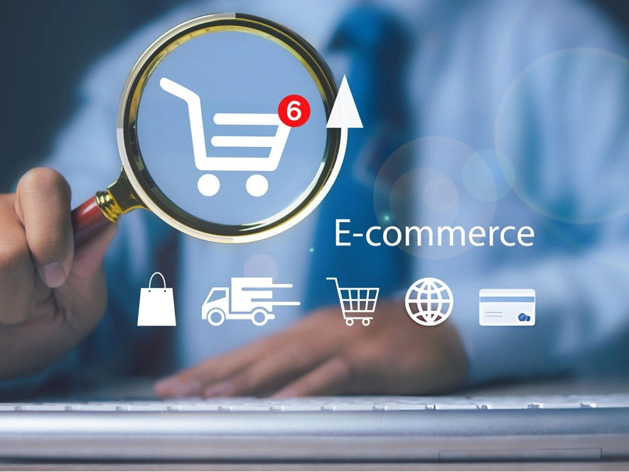 White label ecommerce SEO services — online store interface with cart, shipping, and payment icons overlay representing optimized product pages and conversion-focused search performance