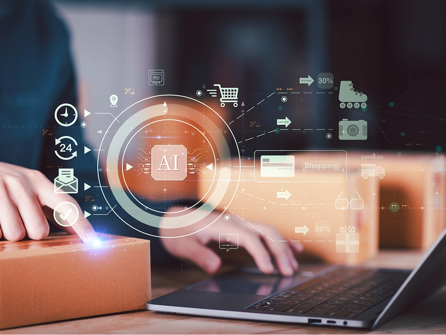 White label ecommerce tracking and platform integrations — AI interface with central heading and surrounding icons for support, product, and messaging