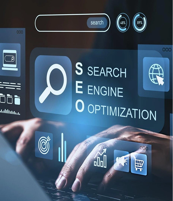 White label E-E-A-T optimization — SEO metrics and trust signals with score, search, and performance indicators on layered screen