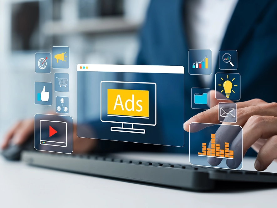 White label Google Ads strategy, funnel mapping and account setup — 3D overlay with ads interface and icons for marketing, messaging, growth, and cart