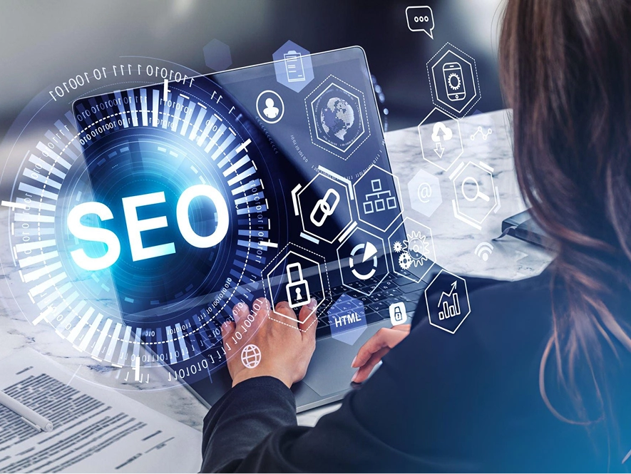 White label HVAC technical SEO and on-page excellence — laptop with 3D transparent SEO interface and AI elements overlay