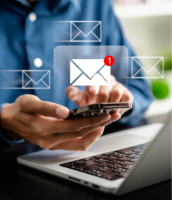 White label integrated communication — 3D interface with email and messaging icons across mobile and laptop devices