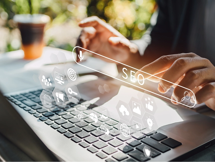White label legal SEO content and GEO strategy — person typing on laptop with 3D SEO interface overlay showing multiple optimization icons