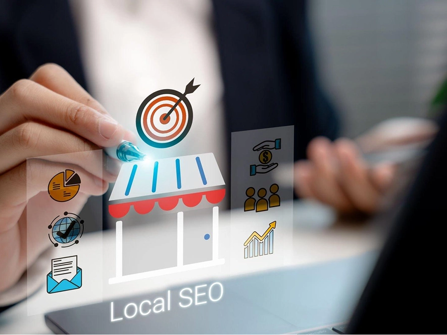 White label local SEO services — storefront with SEO growth icons and search elements overlay representing improved local rankings, visibility, and customer acquisition