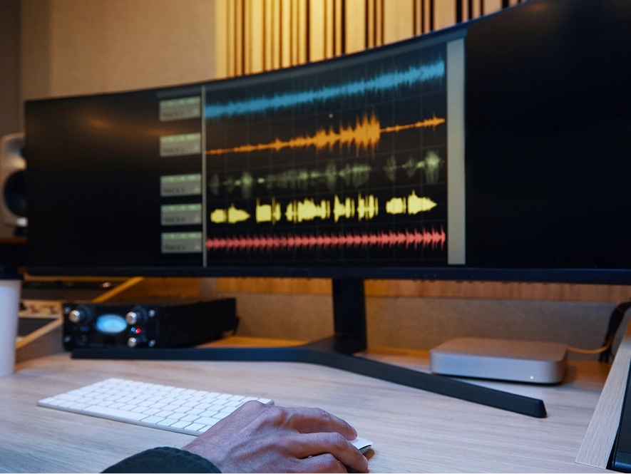 White label long-form and podcast video editing — desktop screen displaying audio waveform and podcast editing interface