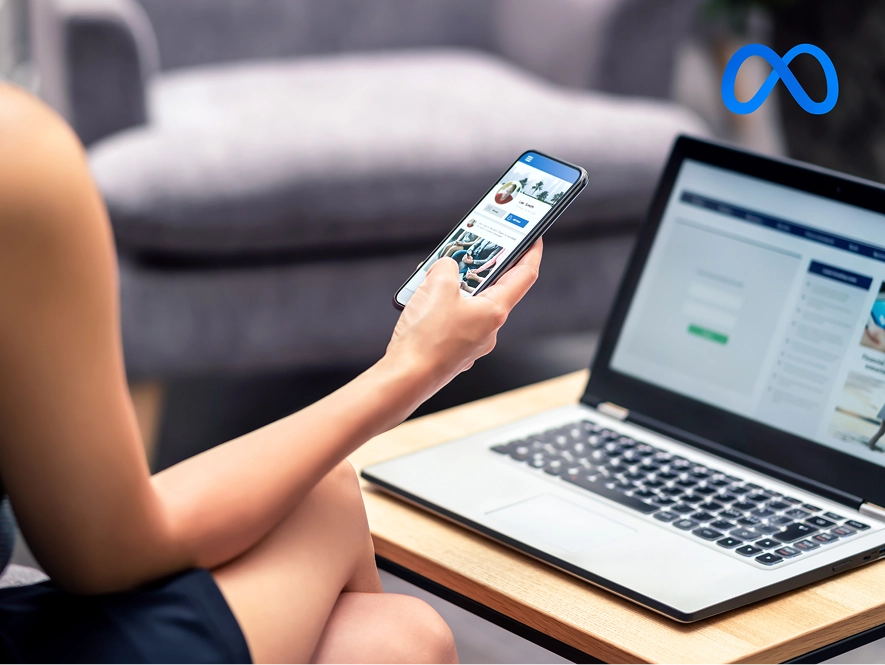 White label Meta initial setup, funnel mapping and account configuration — user exploring Facebook on mobile and laptop for campaign setup