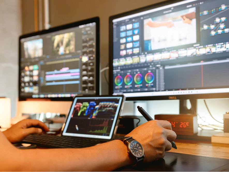 White label motion graphics and visual enhancement — multiple screens displaying video graphics and animation editing workflows