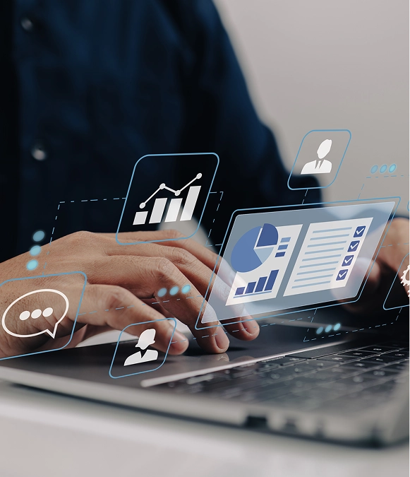 White label multi-client management — 3D interface displaying graphs, user icons, and messaging system