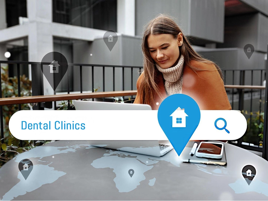 White label multi-location dental SEO services — map on table with markers and search bar highlighting multiple dental locations