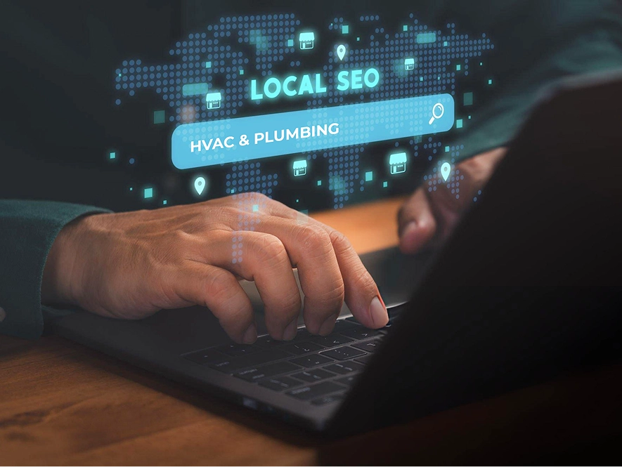 White label multi-location HVAC and plumbing local SEO — map with multiple location markers and search bar overlay in 3D AI interface