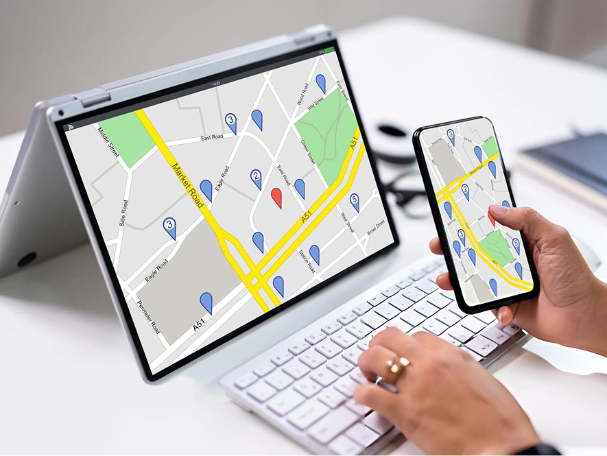 White label multi-location local SEO services — laptop and mobile displaying maps with multiple location markers for scalable local strategy