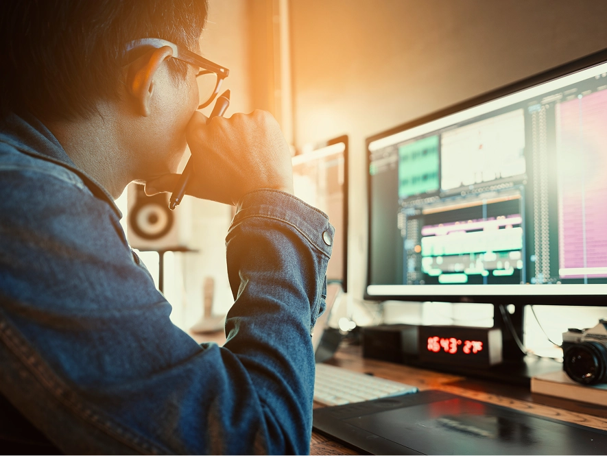 White label paid media and performance video editing — professional focusing on desktop with video cutting and editing timeline visible