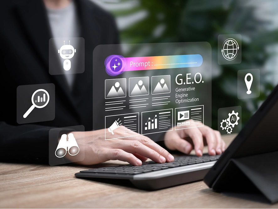 White label patient-intent SEO content and GEO strategy — laptop on table with 3D interface overlay showing content planning and targeting