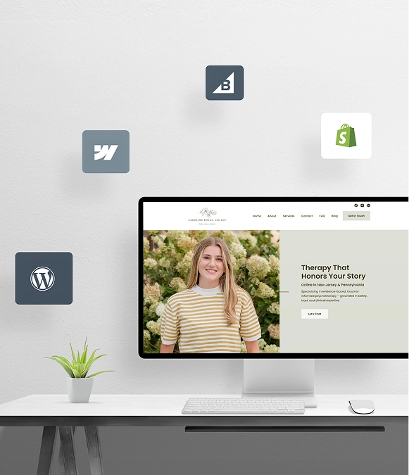 White label platform-specific design — laptop on table with website open and WordPress, Shopify, BigCommerce, and Webflow icons overlay