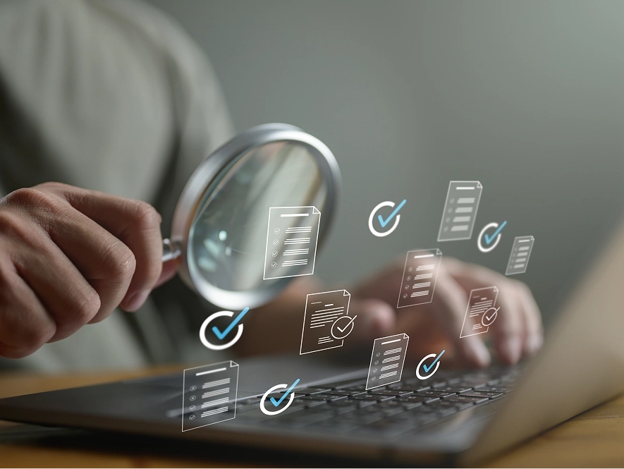 White label quality assurance — 3D transparent interface displaying search, verification and content review icons ensuring accuracy and originality