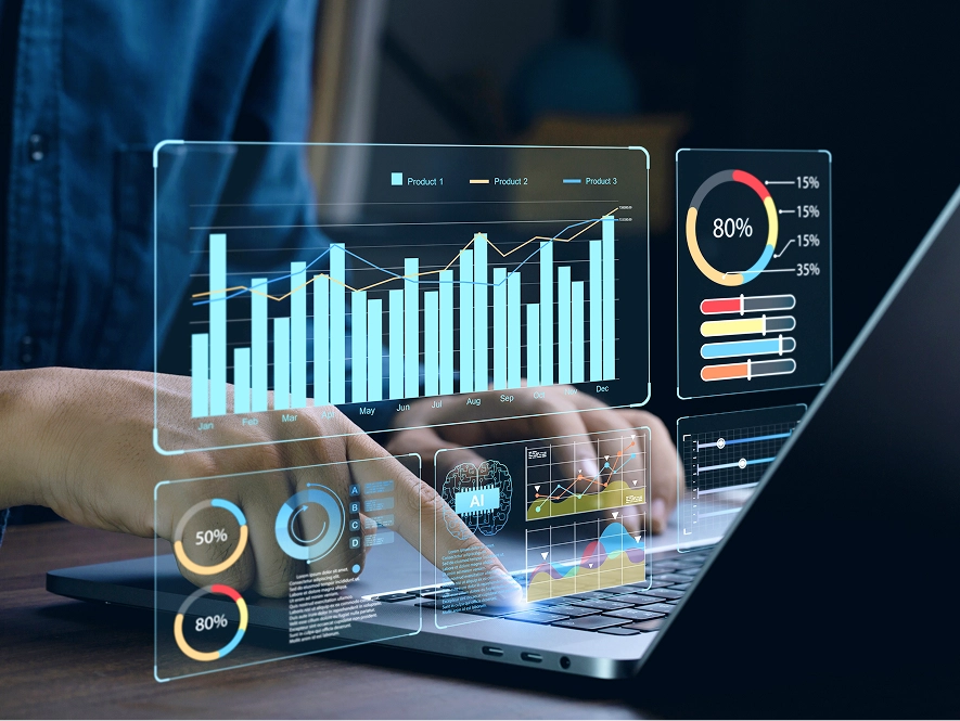 White label reporting and analytics — transparent 3D dashboard showing graphs, scores, and performance metrics