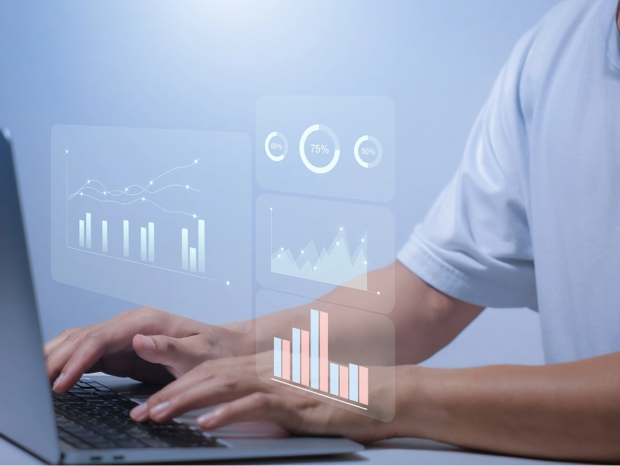 White label reporting, insights and proposals — 3D transparent dashboard showing graphs, scores and multiple data tabs