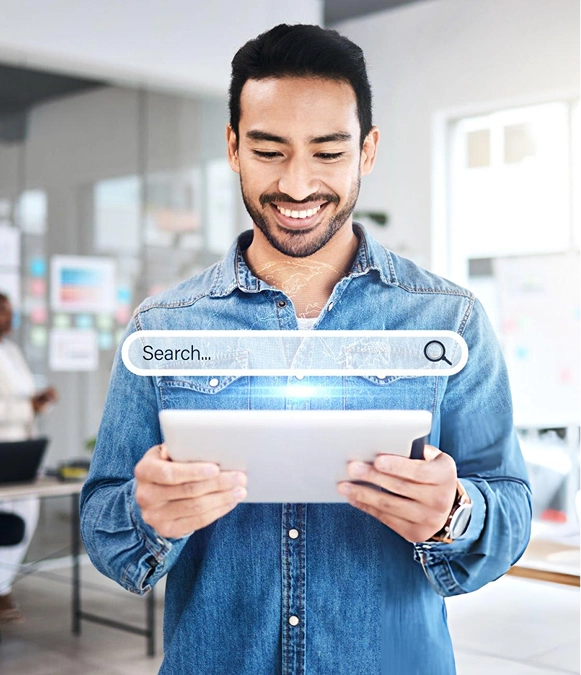 White label technical SEO — iPad in hand with search bar overlay representing site performance and indexing analysis