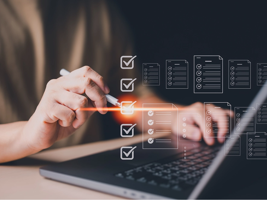 White label trust-building and reputation strategy for law firms — working on laptop with 3D interface highlighting checklist and verification elements