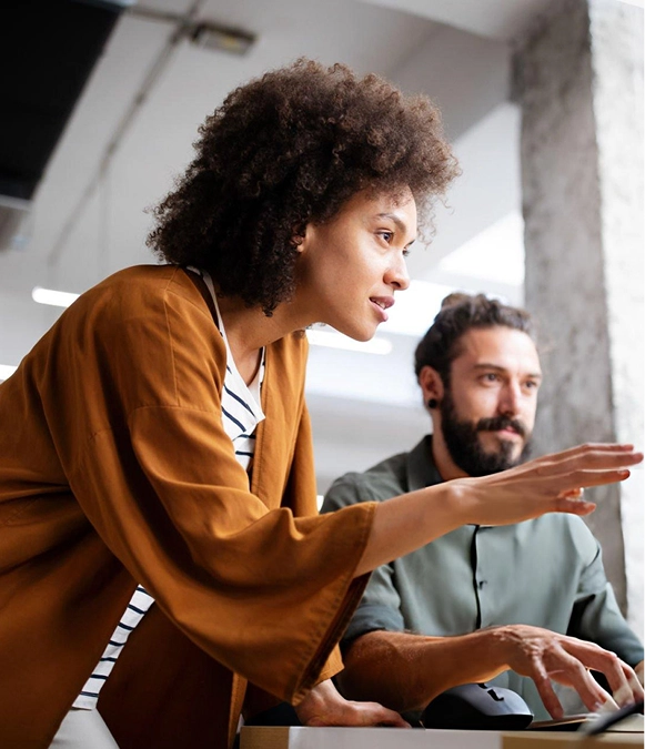 White label URL structure optimization — two people discussing website structure and SEO-friendly URLs
