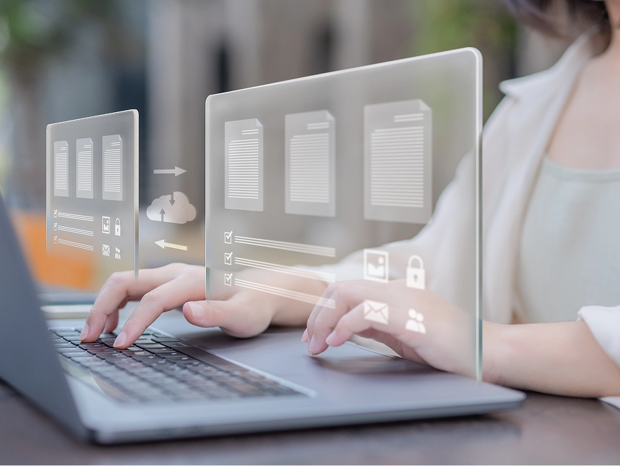 White label web platform migration services — laptop with 3D AI interface overlay showing layout and structure transition