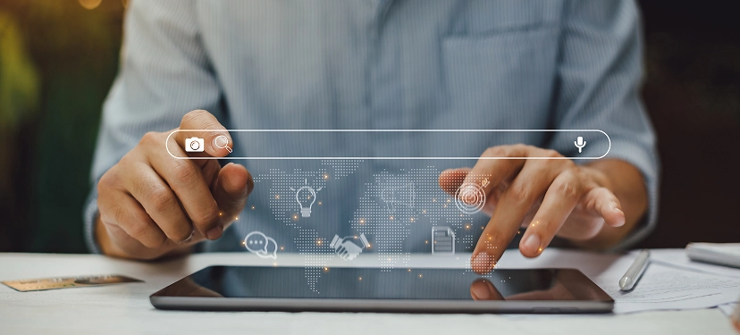 White label website copywriting services — person using tablet with search bar and marketing icons emerging in 3D interface representing SEO and conversion-focused content