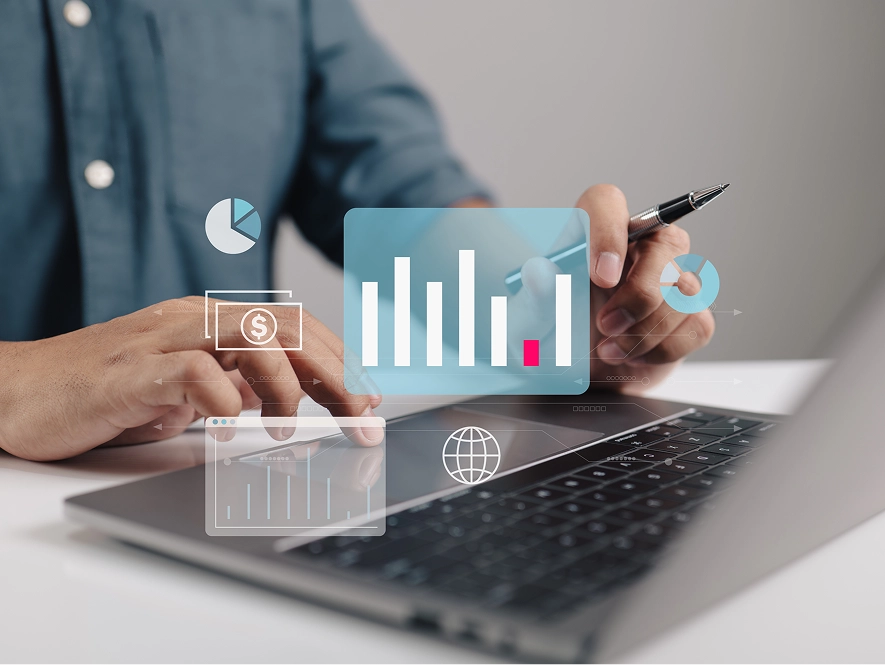 White label WooCommerce performance, SEO and growth optimization — website analytics graphs and performance metrics displayed on transparent overlay interface
