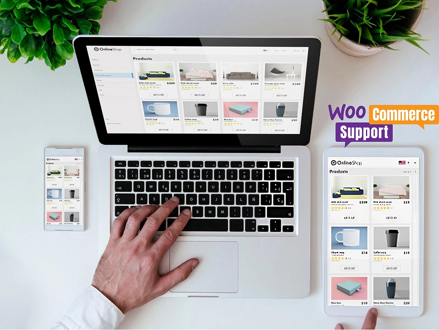 White label WooCommerce support, maintenance and security — multiple devices displaying ecommerce product pages for monitoring, updates, and secure management