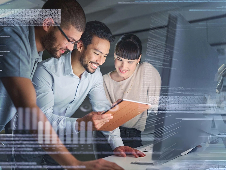 White label WooCommerce WordPress expertise — professional analyzing website data on tablet with code and performance graphs overlay for advanced ecommerce development