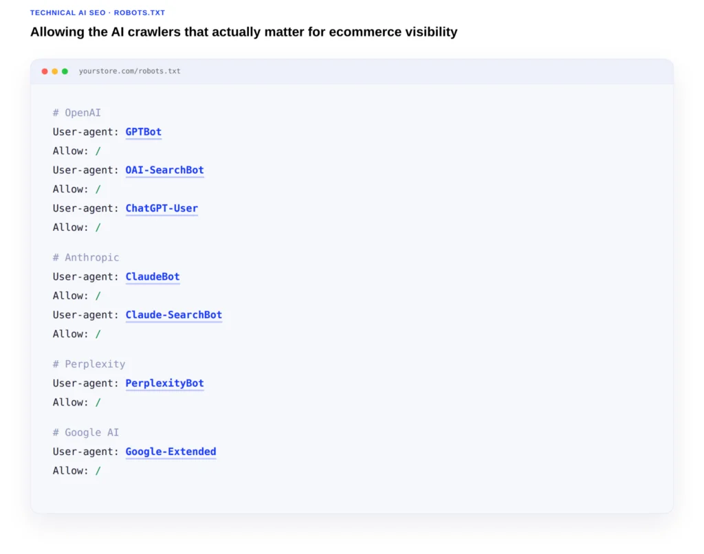 Example robots.txt file showing Allow directives for GPTBot, OAI-SearchBot, ChatGPT-User, ClaudeBot, Claude-SearchBot, PerplexityBot, and Google-Extended