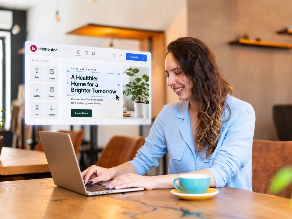Client-friendly Elementor websites designed for easy management and business use and beside an Elementor editor panel, showing how simple it is for clients to update their own business website