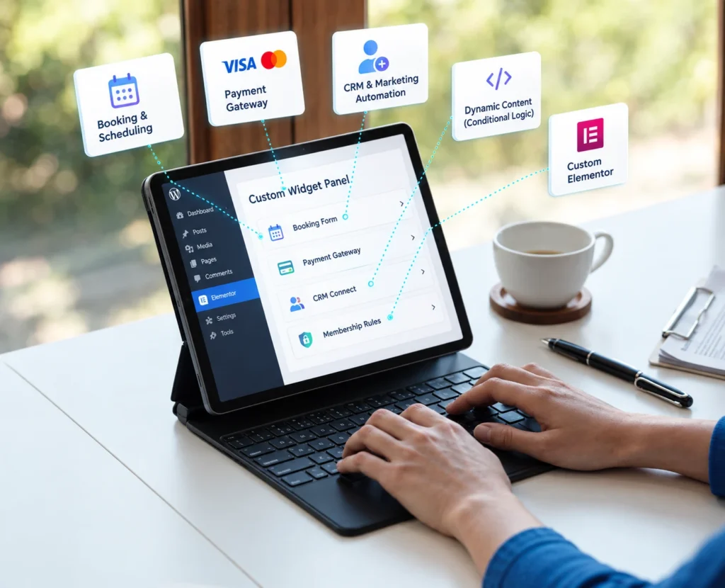 Custom Elementor functionality with a custom Elementor widget panel for booking, payment gateway, CRM,  membership rules integrations  and dynamic content integrations