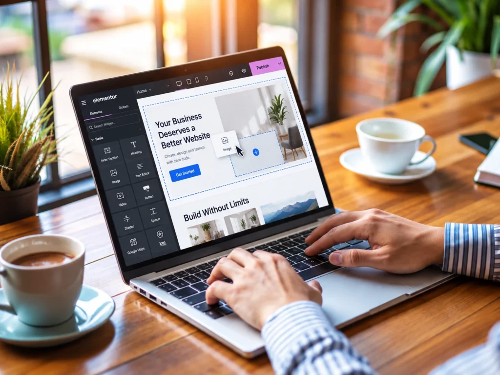 Laptop showing the Elementor drag-and-drop editor with a web page being built visually for fast, intuitive website design and development
