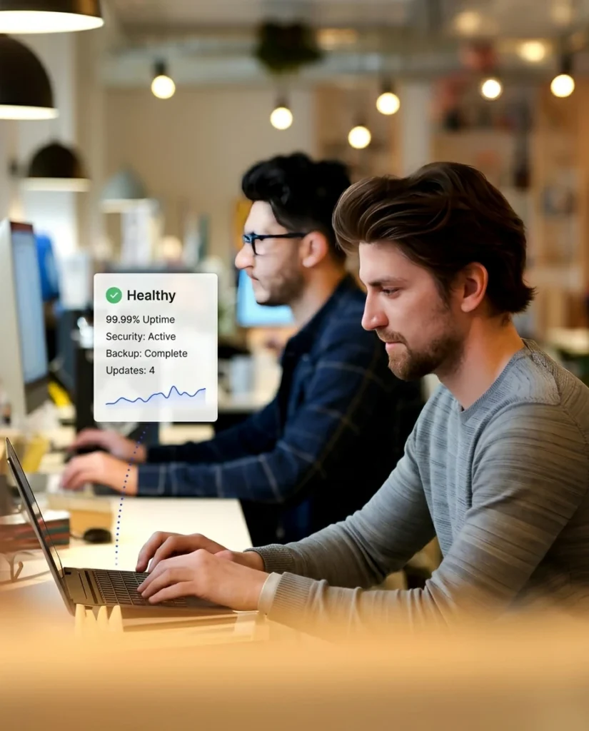 Two developers monitoring website health with uptime, security, backup and update status for white label IT hosting & server support