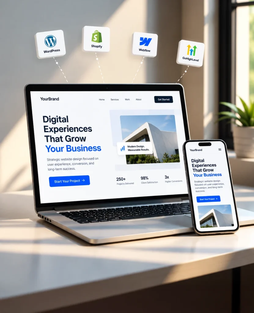 Responsive website design on a laptop and phone with WordPress, Shopify, Webflow and GoHighLevel icons for white label website design service